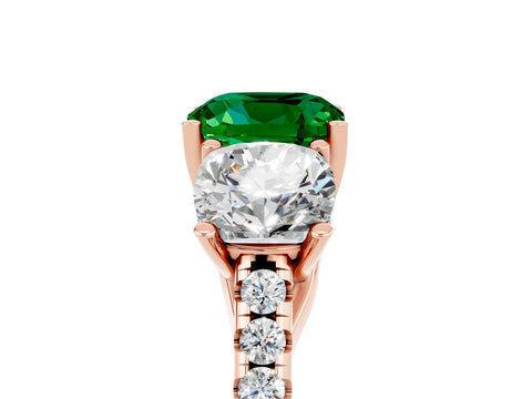 Rose gold Three-Stone Cushion Cut Emerald Ring with Pavé Band and Prong Setting_17