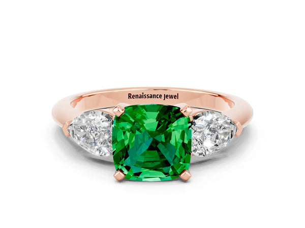Rose gold Three-Stone Cushion Cut Emerald Ring with Pear Side Stones and Four-Prong Setting