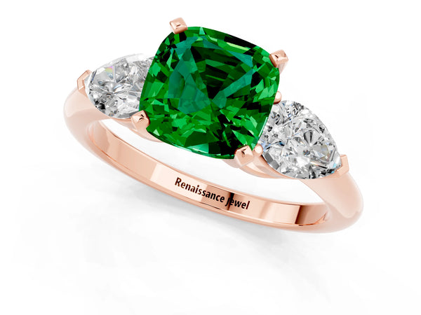 Rose gold Three-Stone Cushion Cut Emerald Ring with Pear Side Stones and Four-Prong Setting