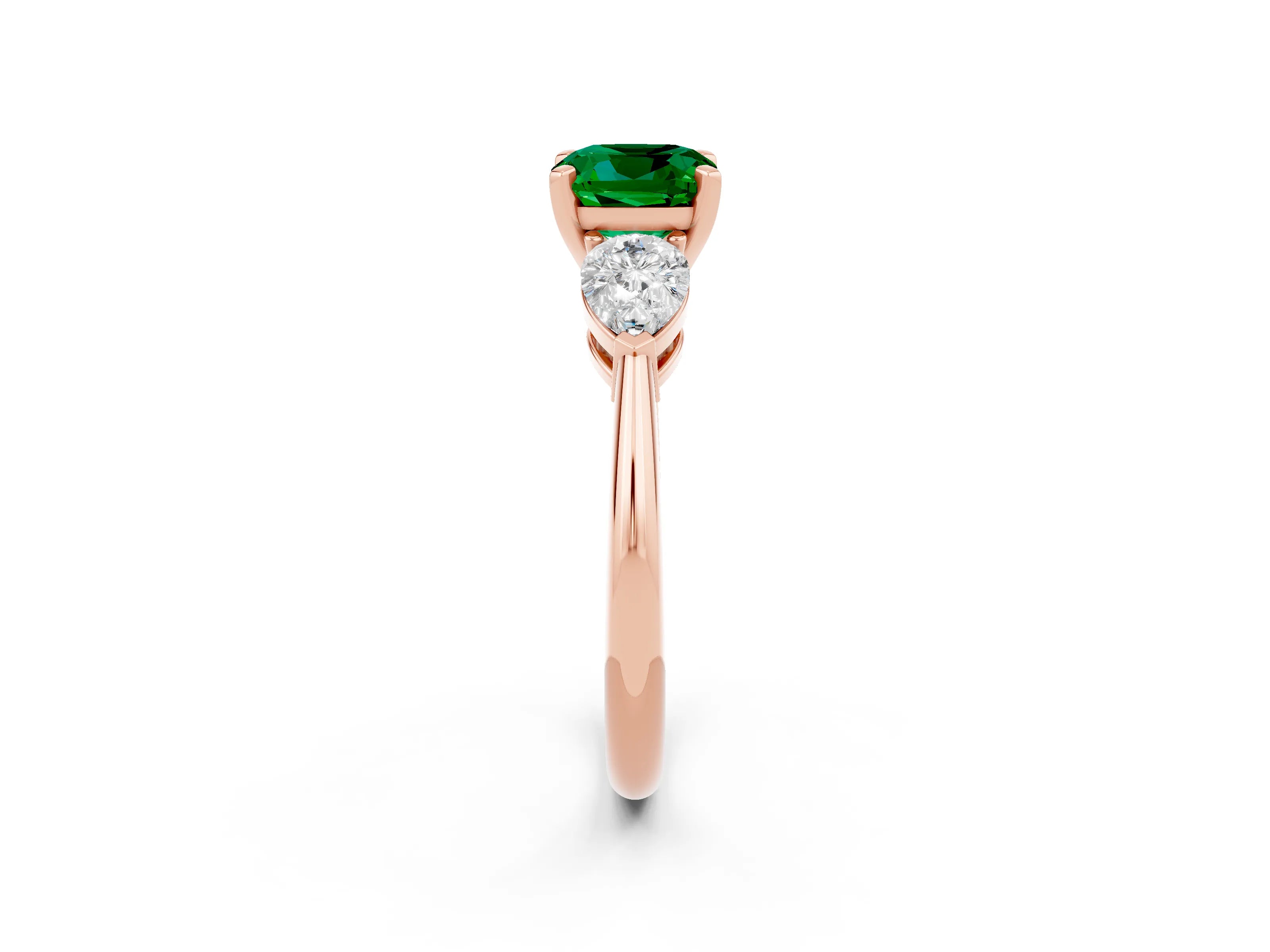 Rose gold Three-Stone Cushion Cut Emerald Ring with Pear Side Stones and Four-Prong Setting_2