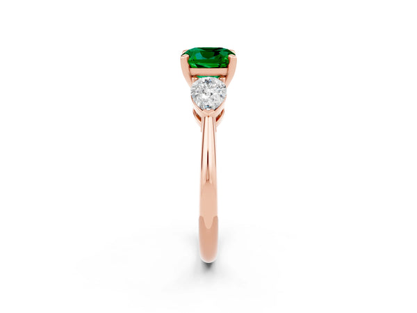 Rose gold Three-Stone Cushion Cut Emerald Ring with Pear Side Stones and Four-Prong Setting