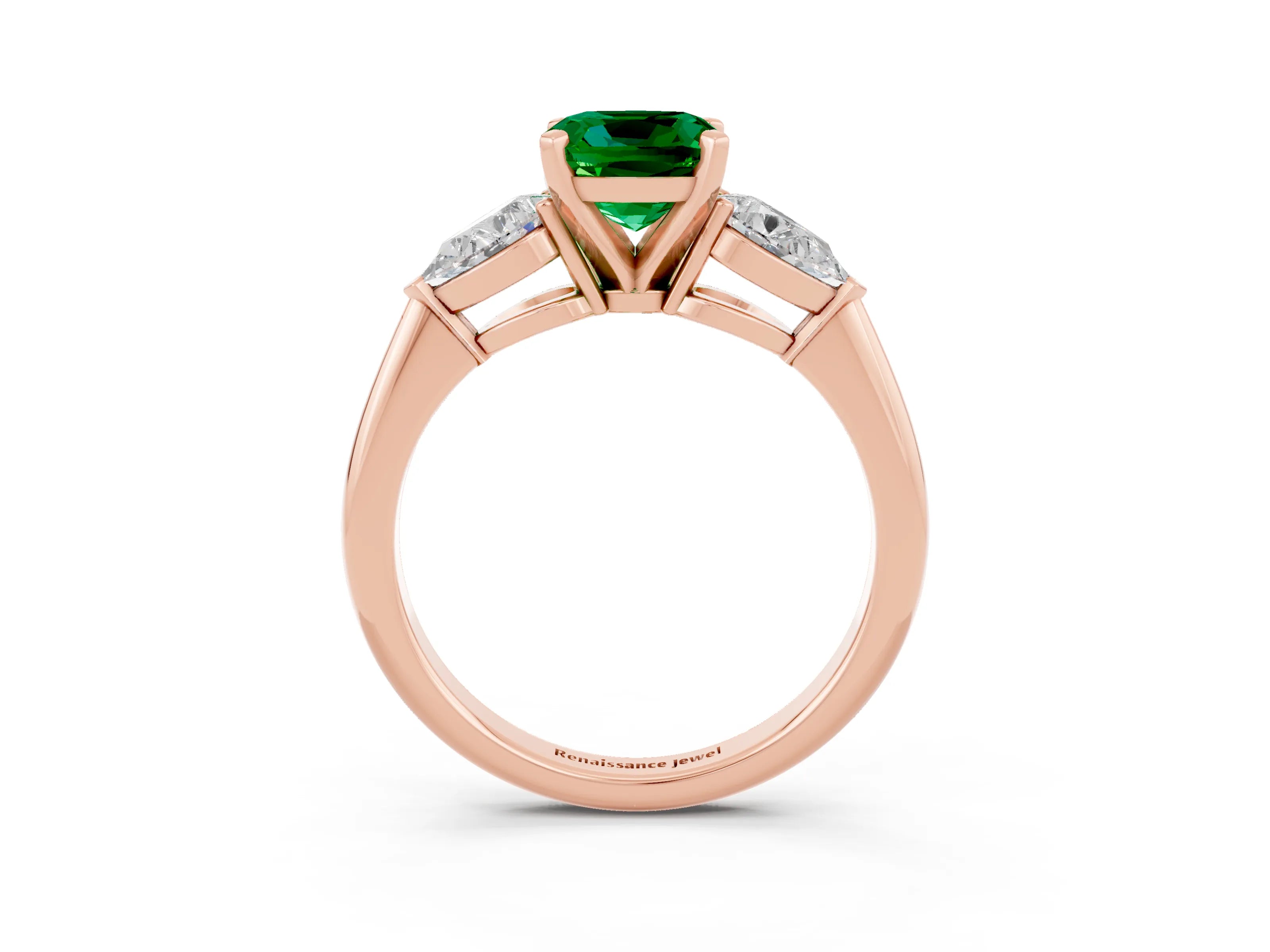 Rose gold Three-Stone Cushion Cut Emerald Ring with Pear Side Stones and Four-Prong Setting_3