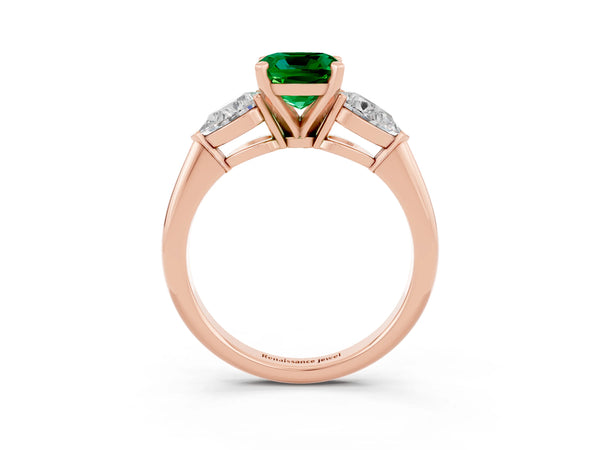 Rose gold Three-Stone Cushion Cut Emerald Ring with Pear Side Stones and Four-Prong Setting