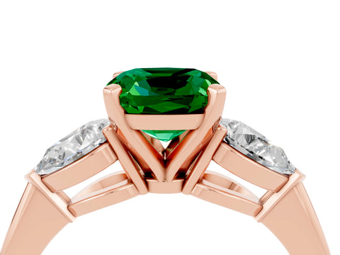Rose gold Three-Stone Cushion Cut Emerald Ring with Pear Side Stones and Four-Prong Setting_4