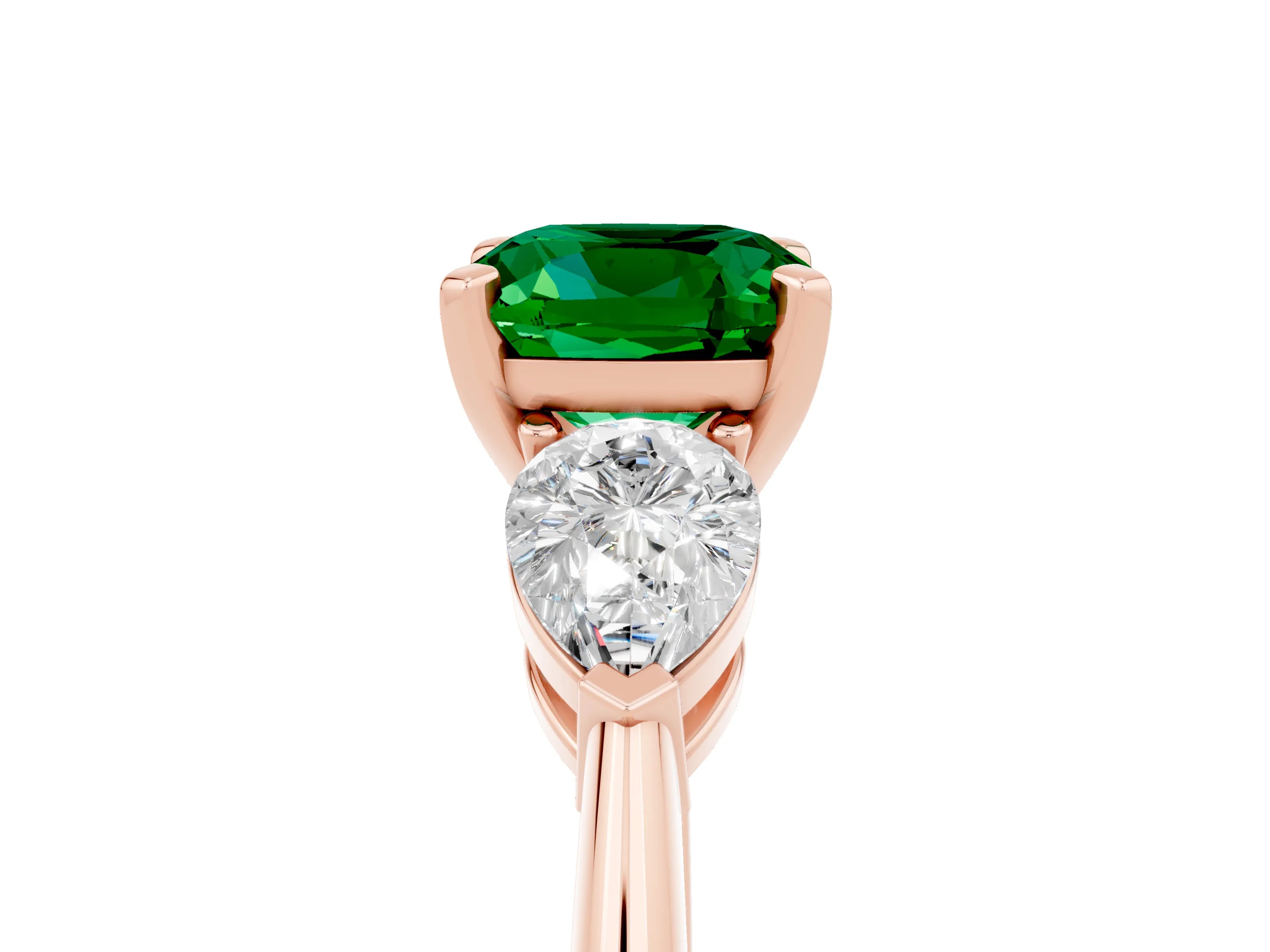 Rose gold Three-Stone Cushion Cut Emerald Ring with Pear Side Stones and Four-Prong Setting_5
