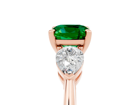 Rose gold Three-Stone Cushion Cut Emerald Ring with Pear Side Stones and Four-Prong Setting_5
