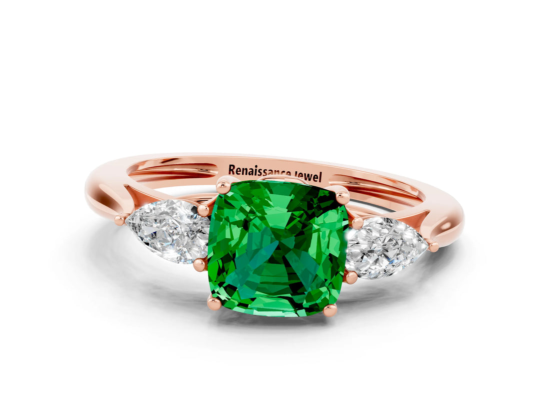 Rose gold Three-Stone Cushion Cut Emerald Ring with Pear  Side Stones in Four-Prong Setting_12