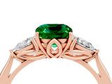 Rose gold Three-Stone Cushion Cut Emerald Ring with Pear  Side Stones in Four-Prong Setting_16