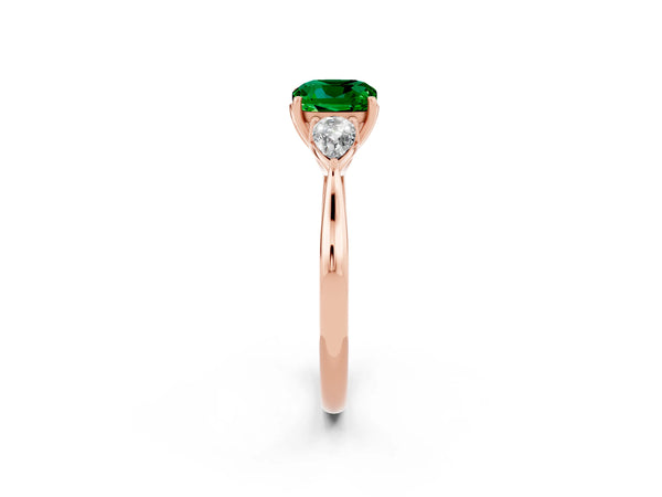 Rose gold Three-Stone Cushion Cut Emerald Ring with Pear  Side Stones in Four-Prong Setting