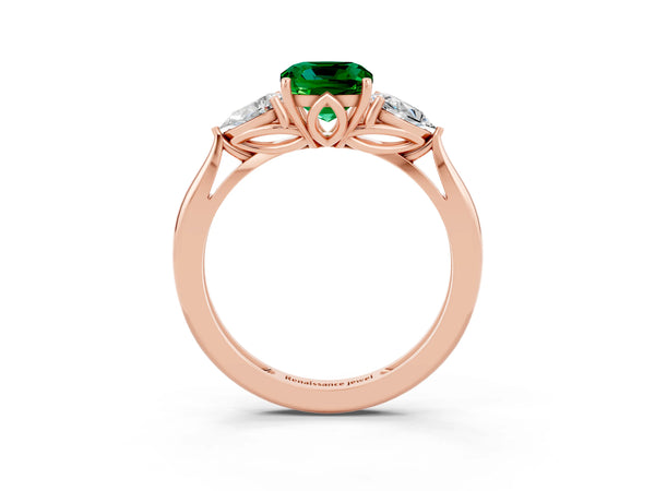 Rose gold Three-Stone Cushion Cut Emerald Ring with Pear  Side Stones in Four-Prong Setting