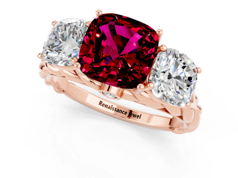 Rose gold Three-Stone Cushion Cut Garnet Braided Band Ring with Four-Prong Setting_13