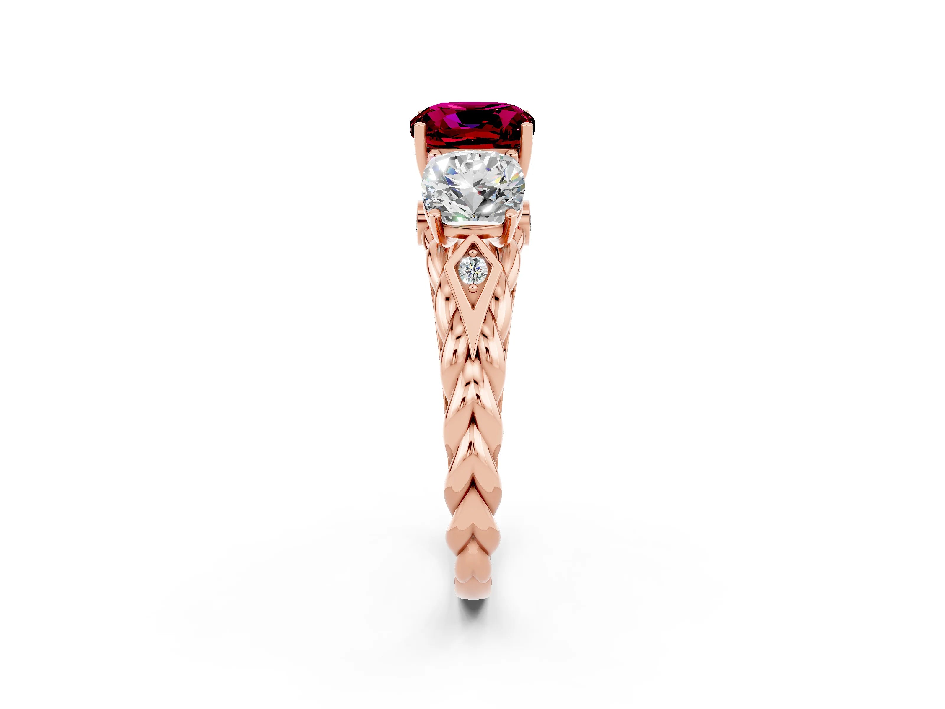 Rose gold Three-Stone Cushion Cut Garnet Braided Band Ring with Four-Prong Setting_14