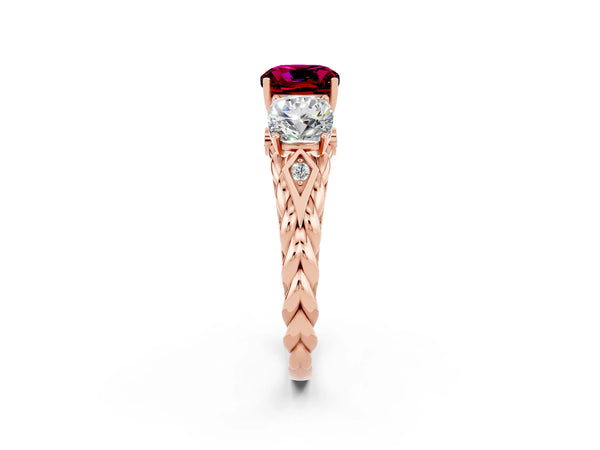 Rose gold Three-Stone Cushion Cut Garnet Braided Band Ring with Four-Prong Setting