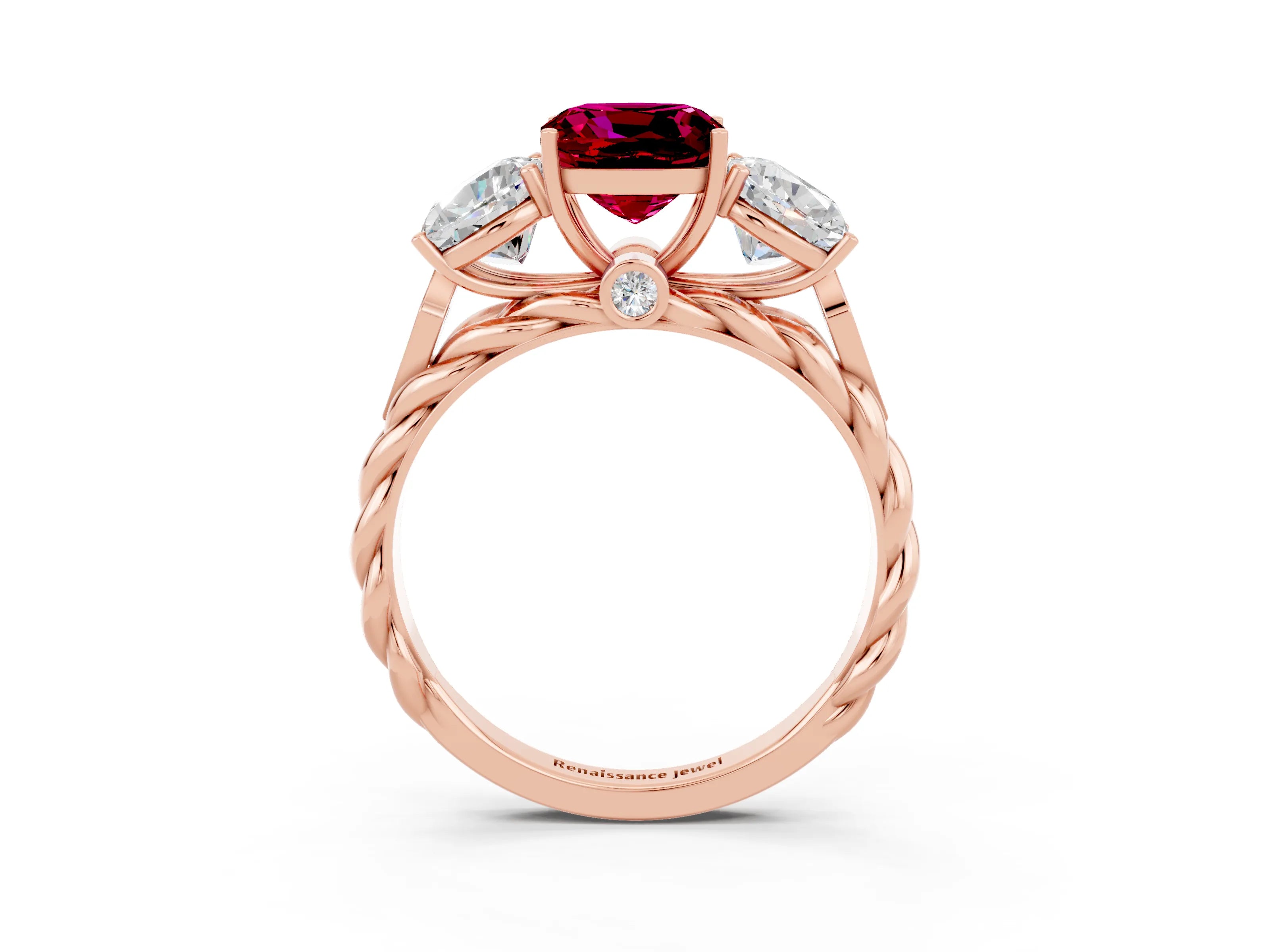 Rose gold Three-Stone Cushion Cut Garnet Braided Band Ring with Four-Prong Setting_15