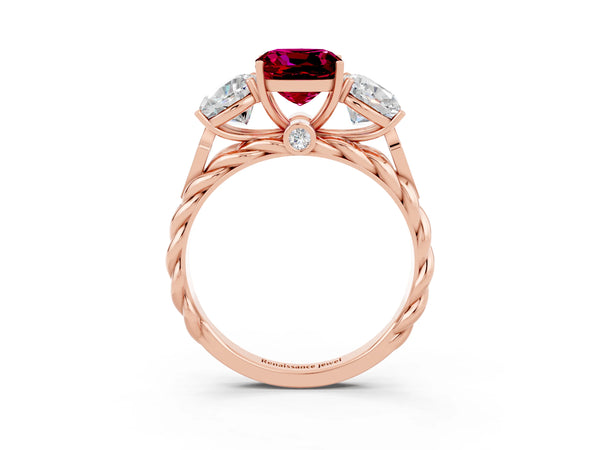 Rose gold Three-Stone Cushion Cut Garnet Braided Band Ring with Four-Prong Setting