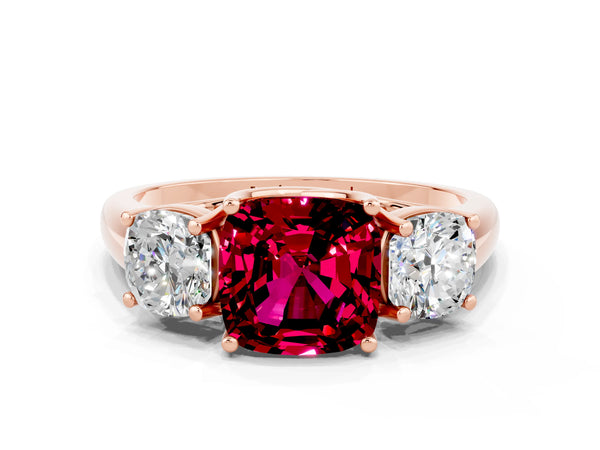 Rose gold Three-Stone Cushion Cut Garnet Engagement Ring with Prong Setting