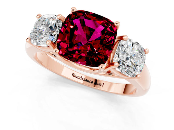 Rose gold Three-Stone Cushion Cut Garnet Engagement Ring with Prong Setting