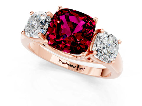 Rose gold Three-Stone Cushion Cut Garnet Engagement Ring with Prong Setting_1