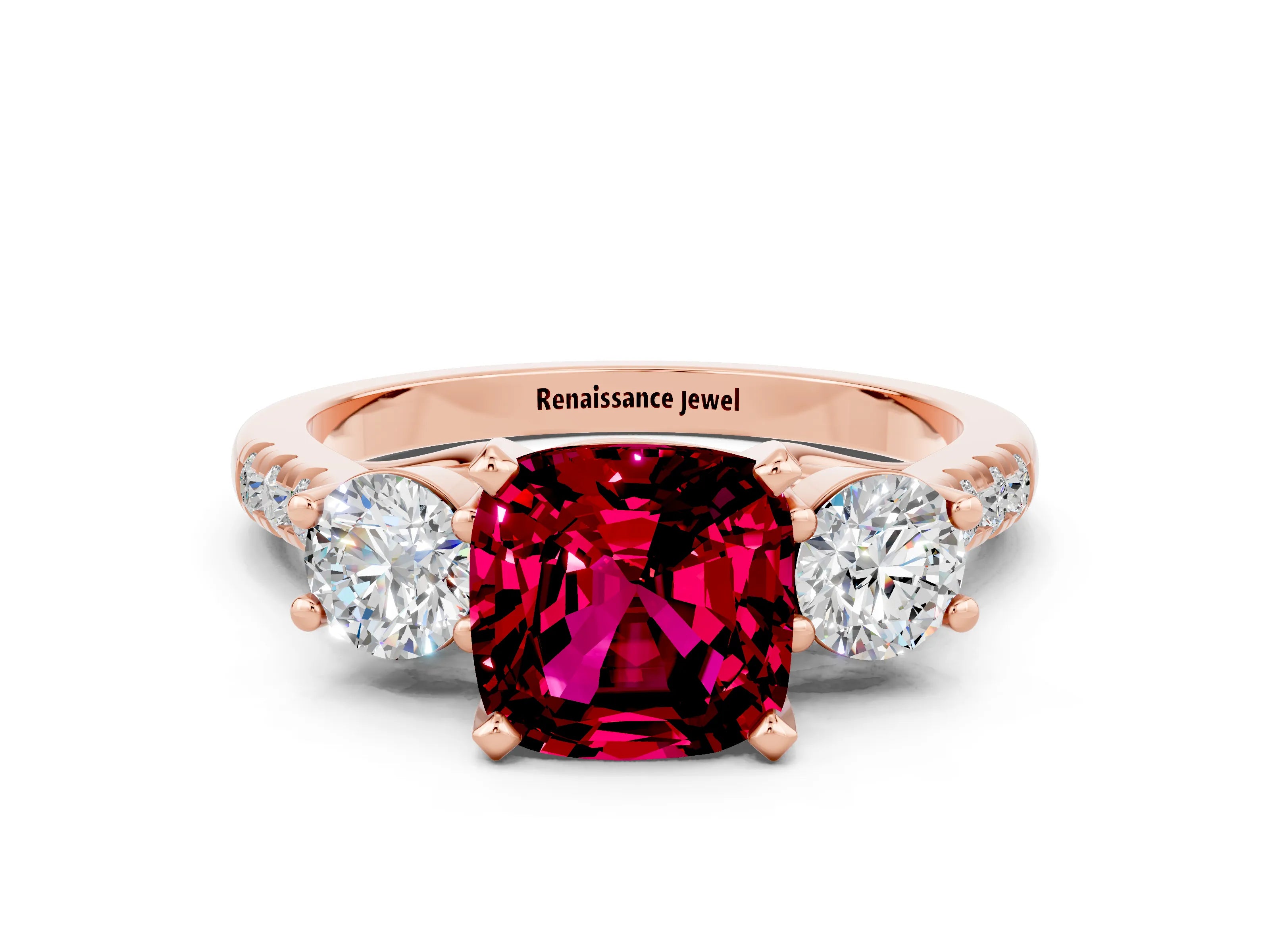 Rose gold Three-Stone Cushion Cut Garnet Pavé Band with Four-Prong Setting