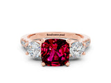 Rose gold Three-Stone Cushion Cut Garnet Pavé Band with Four-Prong Setting