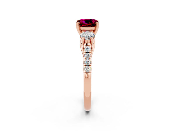 Rose gold Three-Stone Cushion Cut Garnet Pavé Band with Four-Prong Setting