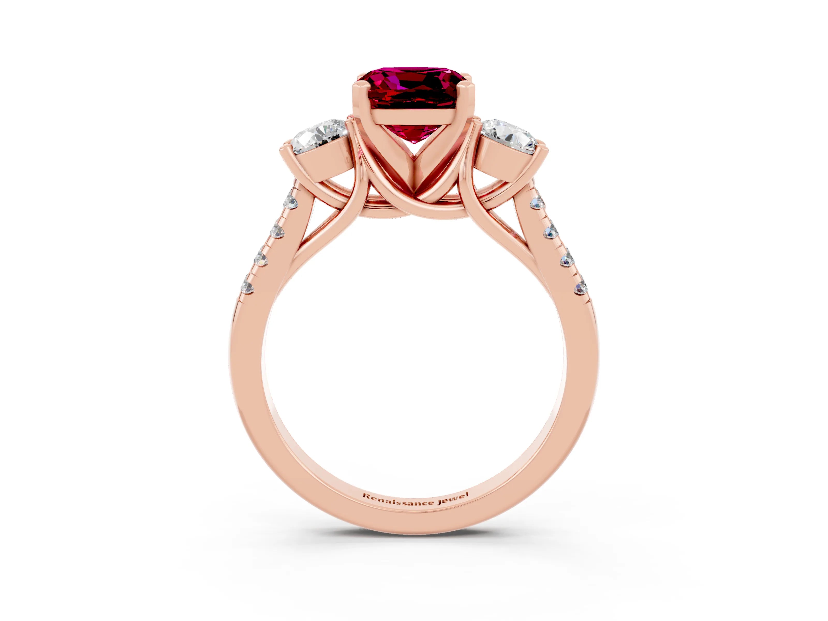 Rose gold Three-Stone Cushion Cut Garnet Pavé Band with Four-Prong Setting_3
