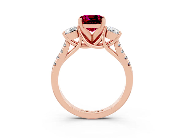 Rose gold Three-Stone Cushion Cut Garnet Pavé Band with Four-Prong Setting