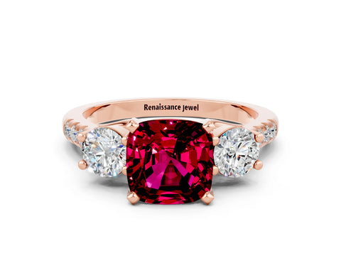 Rose gold Three-Stone Cushion Cut Garnet Pavé Band with Four-Prong Setting