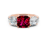 Rose gold Three-Stone Cushion Cut Garnet Ring with Pavé Band and Prong Setting_12