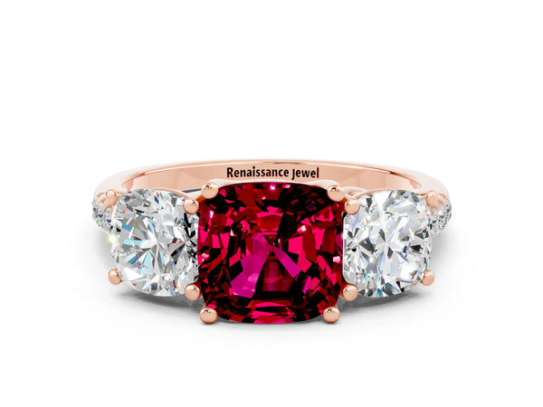 Rose gold Three-Stone Cushion Cut Garnet Ring with Round  Pavé Band and Prong Setting