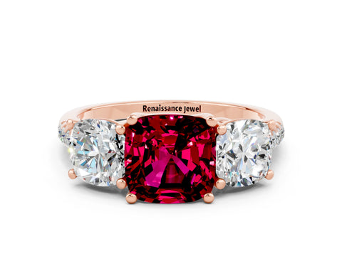 Rose gold Three-Stone Cushion Cut Garnet Ring with Pavé Band and Prong Setting_12