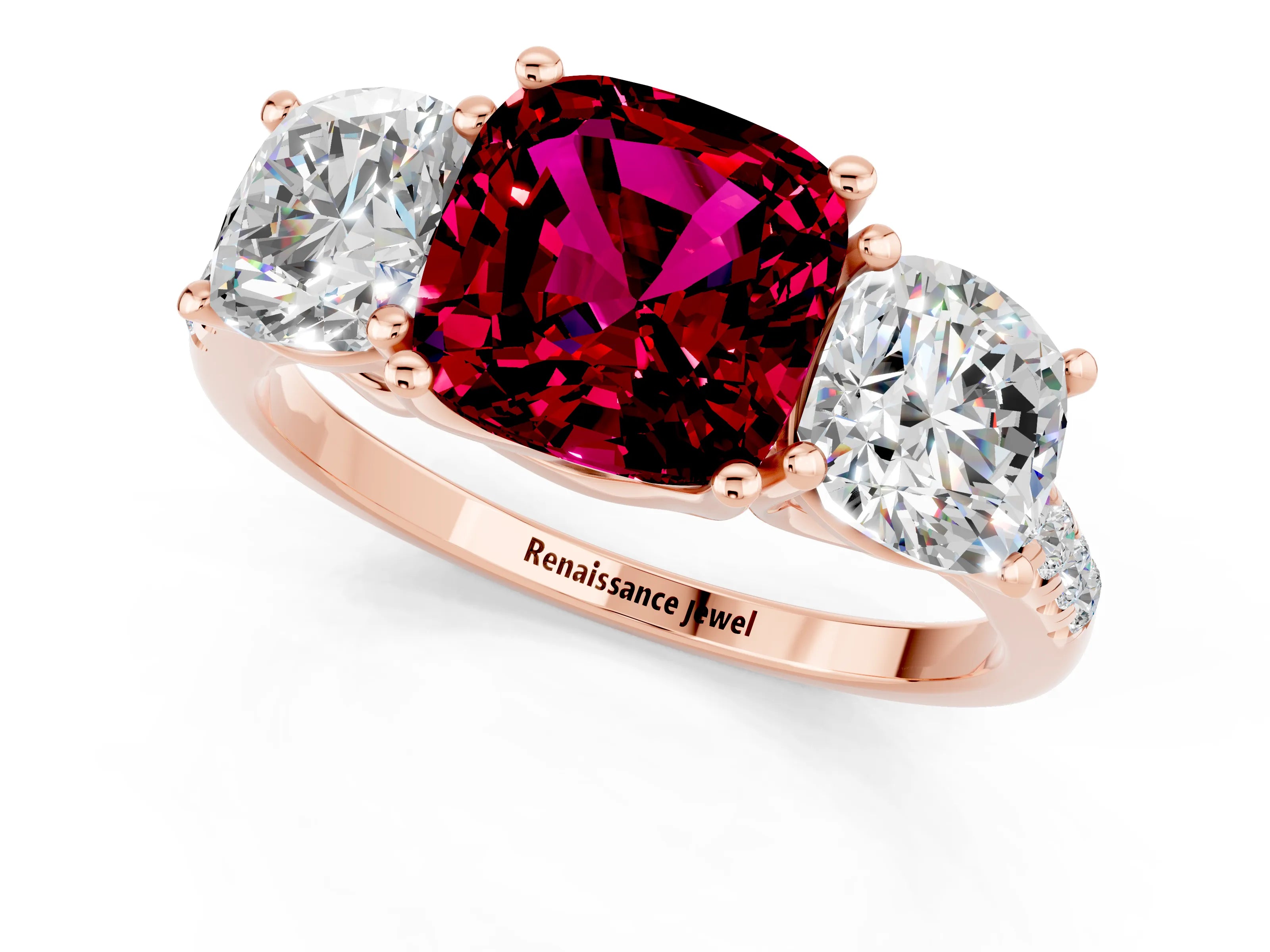 Rose gold Three-Stone Cushion Cut Garnet Ring with Pavé Band and Prong Setting_13