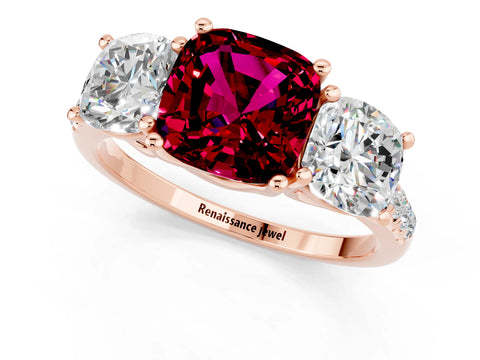 Rose gold Three-Stone Cushion Cut Garnet Ring with Pavé Band and Prong Setting_13