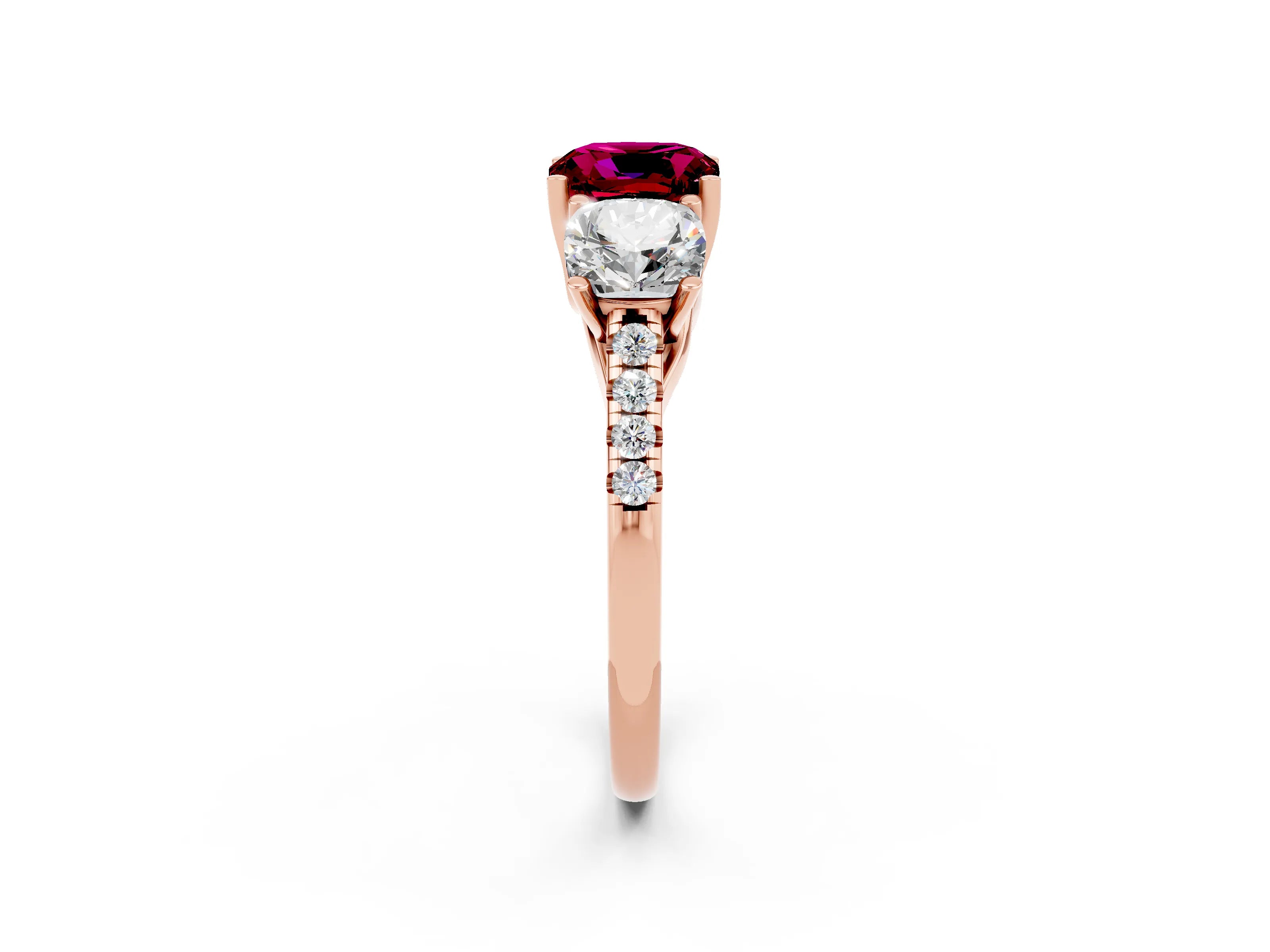 Rose gold Three-Stone Cushion Cut Garnet Ring with Pavé Band and Prong Setting_14