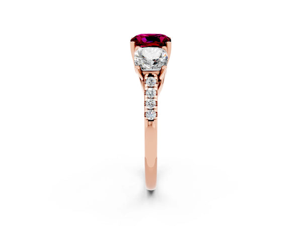 Rose gold Three-Stone Cushion Cut Garnet Ring with Round  Pavé Band and Prong Setting