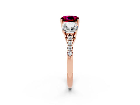 Rose gold Three-Stone Cushion Cut Garnet Ring with Pavé Band and Prong Setting_14