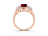 Rose gold Three-Stone Cushion Cut Garnet Ring with Pavé Band and Prong Setting_15