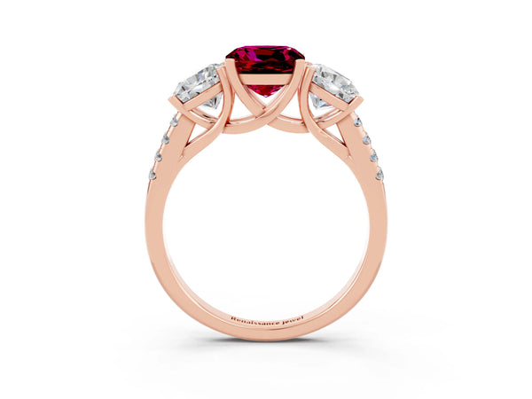 Rose gold Three-Stone Cushion Cut Garnet Ring with Round  Pavé Band and Prong Setting