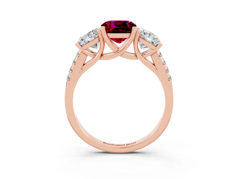 Rose gold Three-Stone Cushion Cut Garnet Ring with Pavé Band and Prong Setting_15