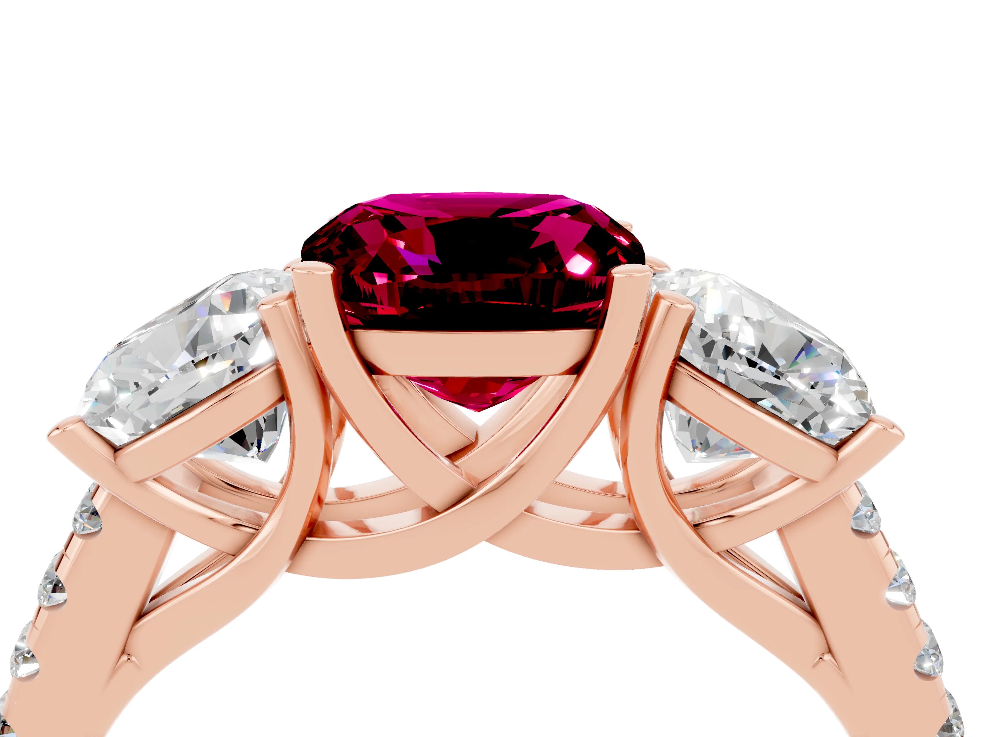 Rose gold Three-Stone Cushion Cut Garnet Ring with Pavé Band and Prong Setting_16