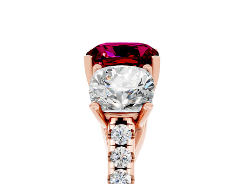 Rose gold Three-Stone Cushion Cut Garnet Ring with Pavé Band and Prong Setting_17