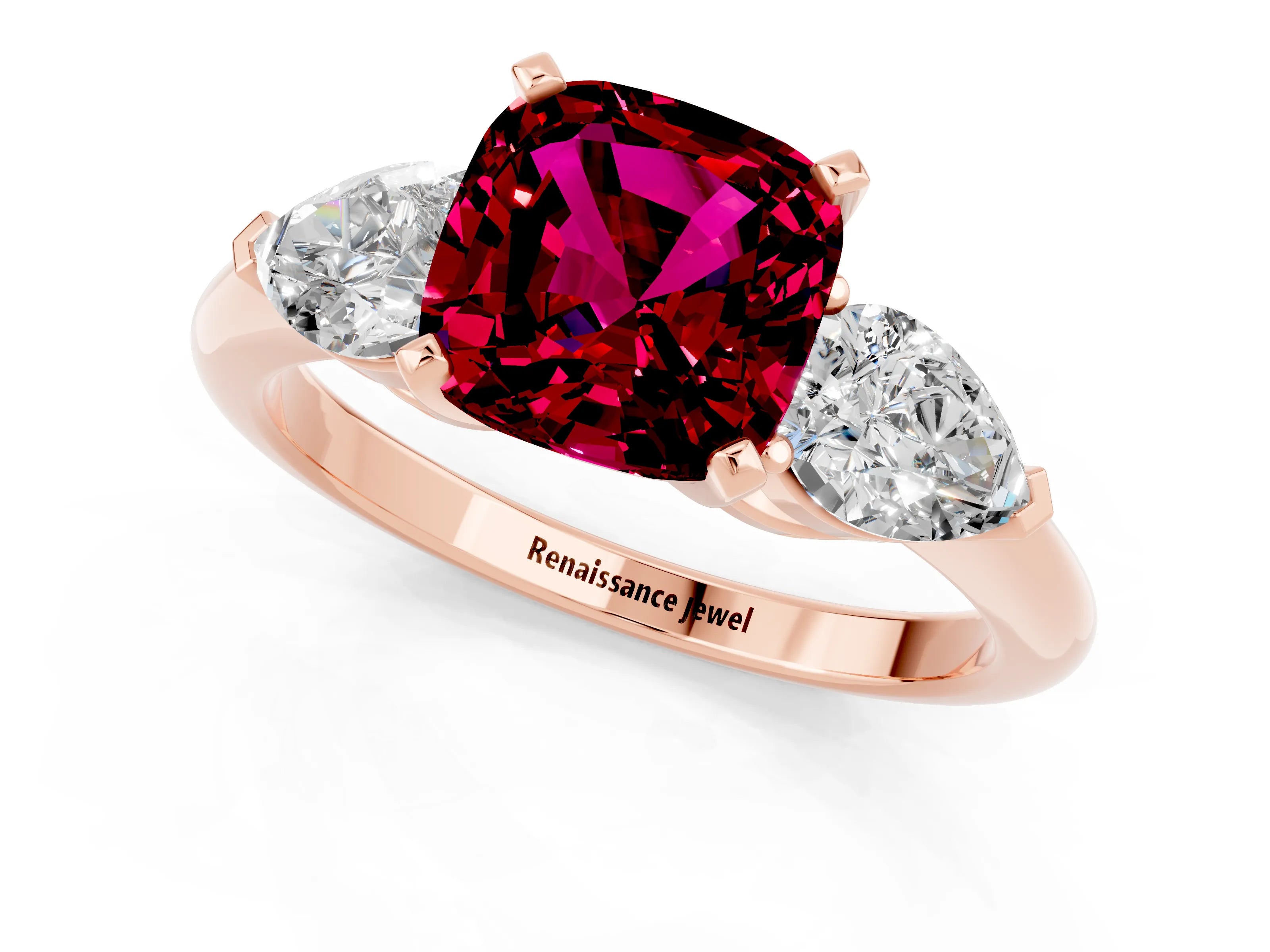 Rose gold Three-Stone Cushion Cut Garnet Ring with Pear Side Stones and Four-Prong Setting_1