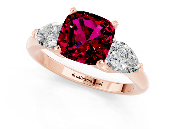 Rose gold Three-Stone Cushion Cut Garnet Ring with Pear Side Stones and Four-Prong Setting