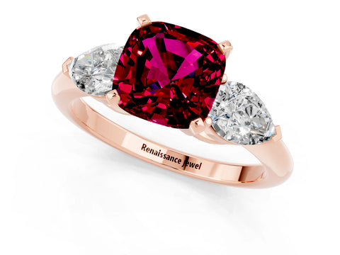 Rose gold Three-Stone Cushion Cut Garnet Ring with Pear Side Stones and Four-Prong Setting_1