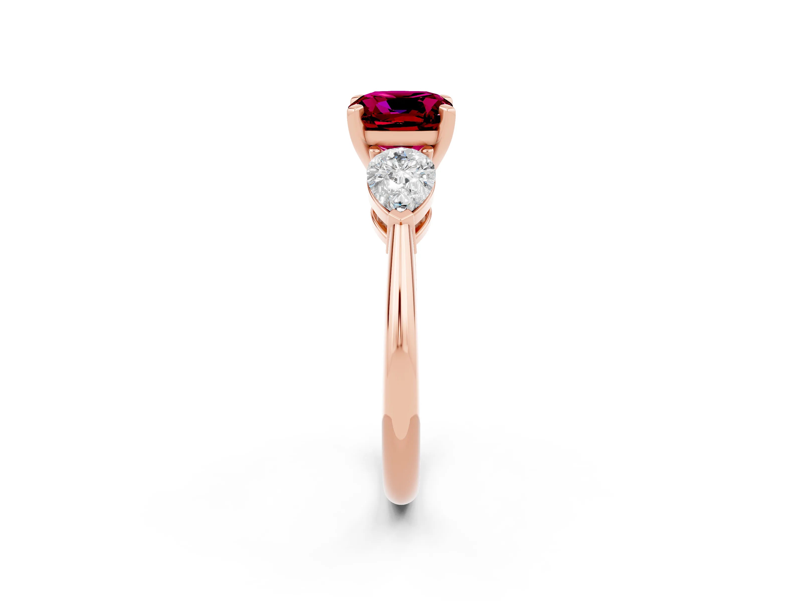 Rose gold Three-Stone Cushion Cut Garnet Ring with Pear Side Stones and Four-Prong Setting_2