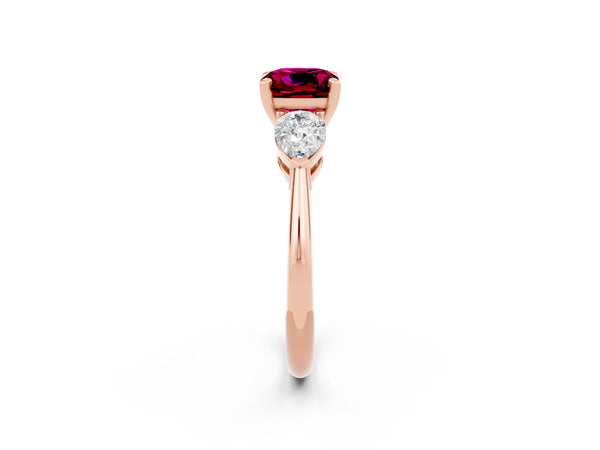 Rose gold Three-Stone Cushion Cut Garnet Ring with Pear Side Stones and Four-Prong Setting