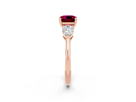 Rose gold Three-Stone Cushion Cut Garnet Ring with Pear Side Stones and Four-Prong Setting_2
