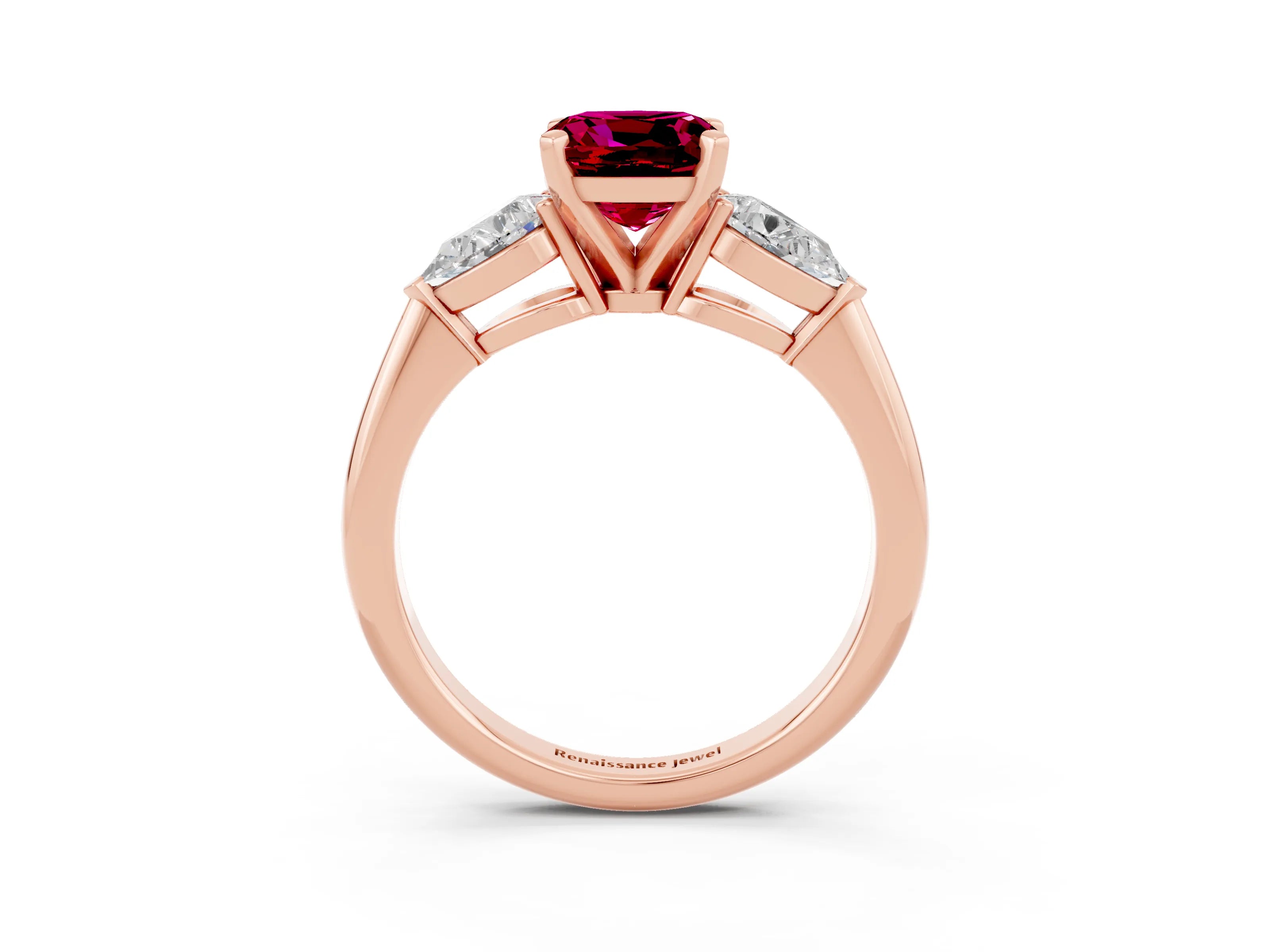Rose gold Three-Stone Cushion Cut Garnet Ring with Pear Side Stones and Four-Prong Setting_3