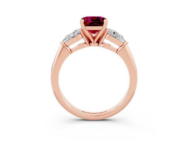 Rose gold Three-Stone Cushion Cut Garnet Ring with Pear Side Stones and Four-Prong Setting
