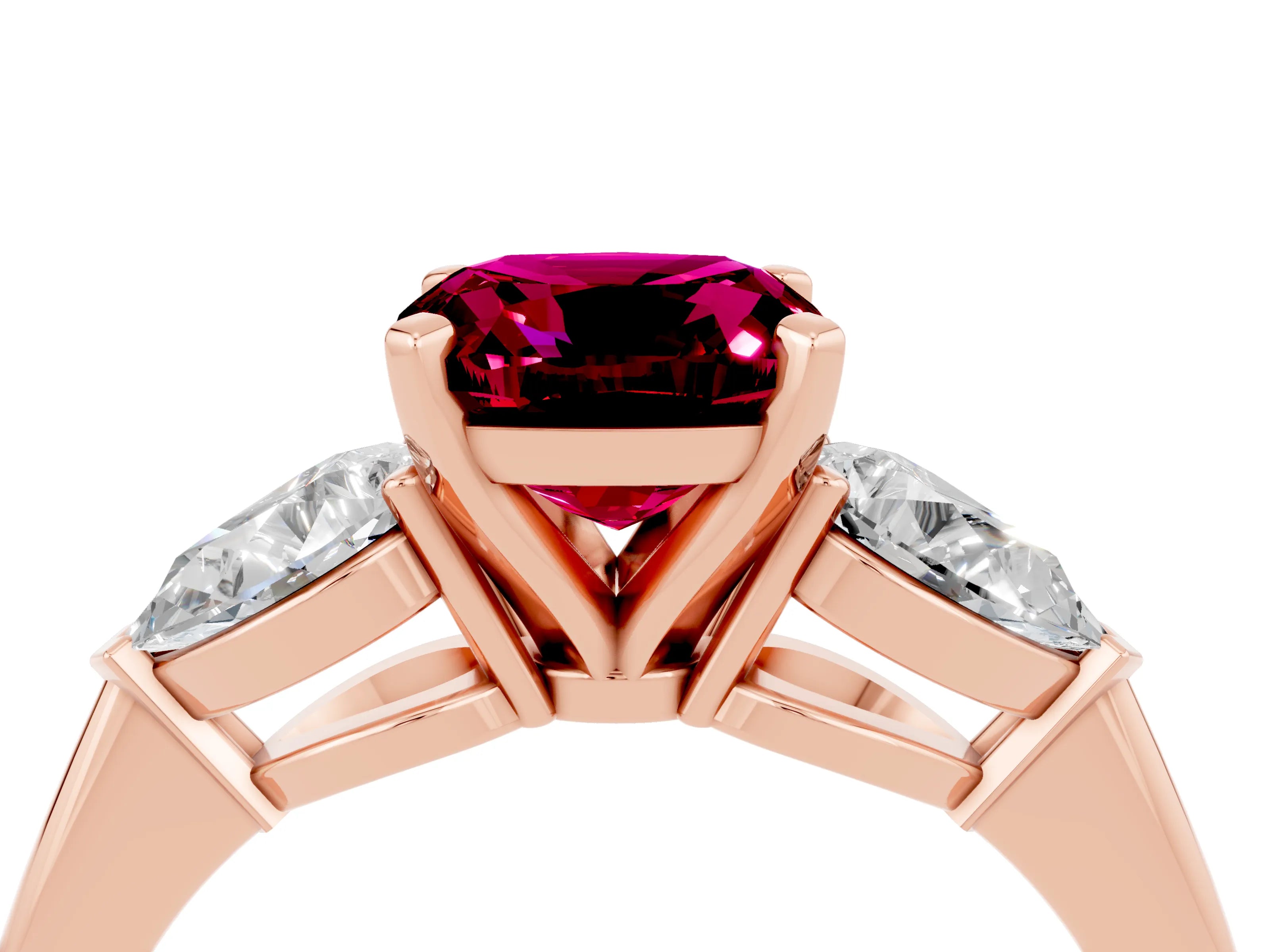Rose gold Three-Stone Cushion Cut Garnet Ring with Pear Side Stones and Four-Prong Setting_4